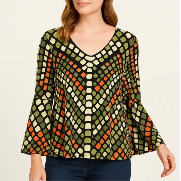 Eva Varro womens size Large top Slinky jersey knit black print bell sleeves - Picture 1 of 6